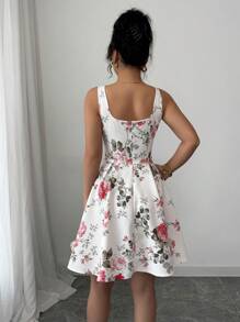 Rafferiza 女士休闲假日方领无袖连衣裙，配有隐形后拉链，花卉印花