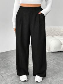 SHEIN Essnce Plus Size Women's Spring And Summer Fashion Casual Loose Daily Comfortable Retro Black Elastic Waist Wide Leg Pants,Women Bottom,Work Pants,Fall,Old Money,Vintage Pants