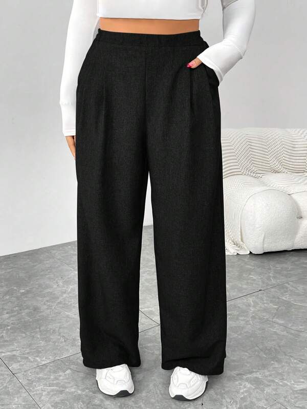 SHEIN Essnce Plus Size Women's Spring And Summer Fashion Casual Loose Daily Comfortable Retro Black Elastic Waist Wide Leg Pants,Women Bottom,Work Pants,Fall Outfits,Old Money,Vintage Pants,Curve Pants