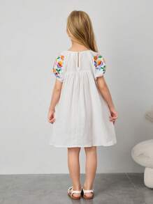 Maija Kids Maija Kids Vestido casual holgado con línea A, manga abullonada y bordados para niñas jóvenes, moda streetwear, apto para uso diario, viajes, escuela, hogar, estilo campestre
