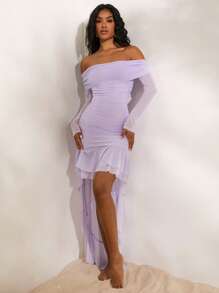 Opulessa Rochie de culoare solidă din plasă din plasă, cu fanta, cu tivul asimetric, pentru femei - Violet - Vizualizare 3