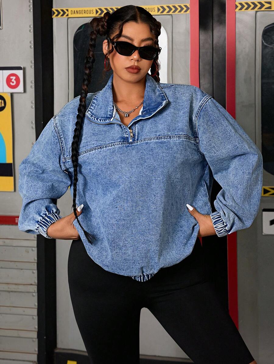 SHEIN ICON Casual Fashion Zip Up Denim Jacket - Medium Wash - View 1