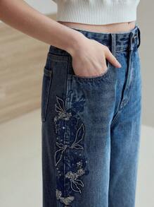 MOTF STUDIO Jeans rectos con bordado floral - Azul - Ver 2