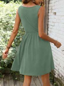 SHEIN LUNE 扭纹前纽扣细节连衣裙 女式度假海滩装 - 薄荷綠 - 查看 2