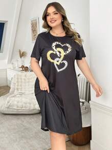 Plus Size Knitted Heart Print Round Neck Short Sleeve Casual Nightgown, Suitable For All Seasons - Black - View 3
