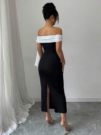 Rafferiza 女士蝴蝶结装饰优雅修身黑色露肩长裙