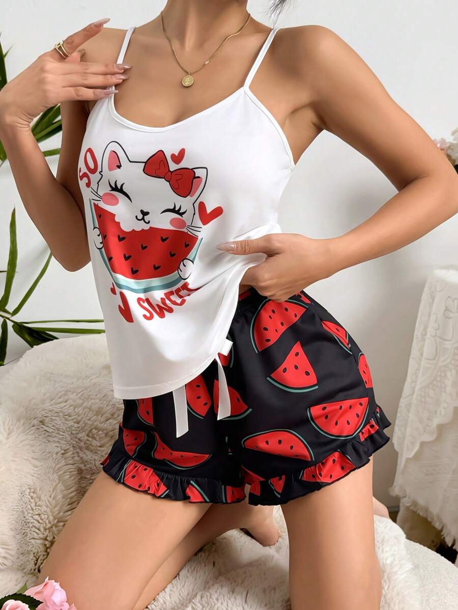 Cute Summer Watermelon Color Contrast Spaghetti Strap Women Pajama Sets - Multicolor - View 1