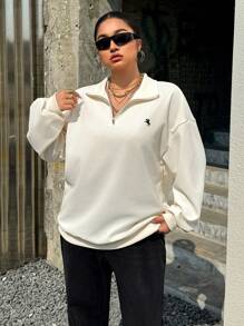 CovetEZ Plus Size Casual Loose Pullover With Half-Zip And Knight Graphic, Lightweight Spring/Summer - Beige - View 6