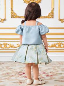 SHEIN 2 件套女婴细肩带露肩上衣，带蝴蝶结装饰和提花褶皱 A 字裙 - 綠色 - 查看 2