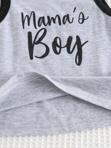 Cozy Pixies 2 件装男婴字母图案柔软针织无袖圆领上衣和松紧腰短裤套装