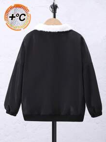 SHEIN Tween Boy Zip Up Teddy Lined Drop Shoulder Jacket - Black - View 3