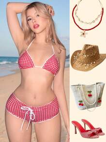 Sweetina 女士夏季沙滩装露背泳衣上衣，带系带装饰和配套泳裤套装，乡村演唱会服装，度假泳装 - 彩色 - 查看 1