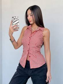 SHEIN Unity Minimalist Checkered Sleeveless Shirt For Women, Suitable For Commuting In Summer - Red and White - View 5