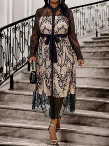 SHEIN Lady Autumn And Winter Elegant Work Office Black Knitted Lace Stand Collar Flared Contrast Lace Long Long Sleeve Plus Size Dresses Vacation Outfits Woman Beach Outfits For Woman Vacation Vacation Outfits Women Beach Vacation Outfits Beach Wedding Guest Dress Sundress Spring Outfits For Women