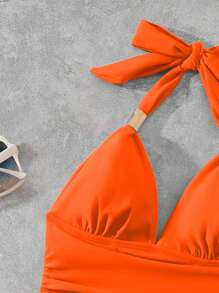 Swim Lushoire Women's Solid Color Ruched Halter One-Piece Swimsuit For Beach/Resort For Summer Beach Vacation