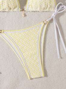 SHEIN Swim Bikini tam giác khoét sâu màu trơn vỏ sò và ngọc trai Springbreak dành cho nữ - Màu vàng - Xem 5