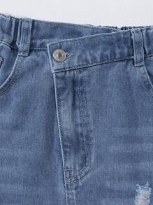 Denimly Tween Girls Vintage Casual Urban Preppy Cropped Top With Square Neckline, Puff Sleeves, Back Zippered Closure And Denim Mid-Length Skirt With Distressed Details, Elastic Waistband, Zipper Closure, Side Slit And Frayed Hem, 2 Pieces Set - Medium Wash - View 7