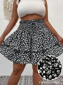 Breezaya Falda acampanada negra y blanca de talla grande con diseño de doble capa y cordón en la cintura, estilo versátil casual/vacacional, de tela floral, adecuada para primavera, verano y otoño