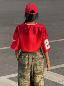 Women's Short Number Print Color Block Casual T-Shirt - Red - View 2