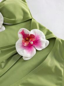 Swim Chiccia Spring Break Women's Beach Wear Summer Outfit, New European Style Solid Color Floral 3D Hollow Neck Beach Vacation One Piece Swimsuit, Festival Boho - Green - View 7