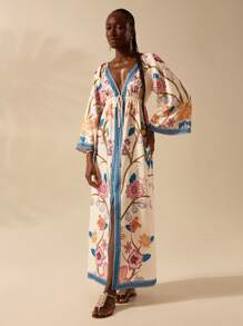 CAJUNI Women's Boho Tropical Colorful Print, Holiday Casual Lantern Sleeve Long Sleeve V-Neck Backless Long Dress