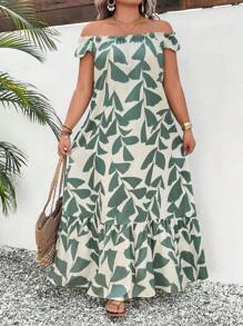 Breezaya Plus Size Leaf Floral Hem Patchwork Off Shoulder Maxi Casual Vacation Dress - Multicolor - View 5
