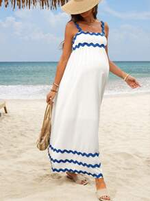 SHEIN Maternity Vacation Casual Contrast Color Webbing Decor Cami Dress - White - View 4