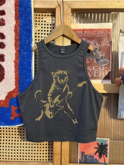 Attitoon 复古摇滚风格黄猫和吉他图案休闲紧身圆领女式背心，适合夏季