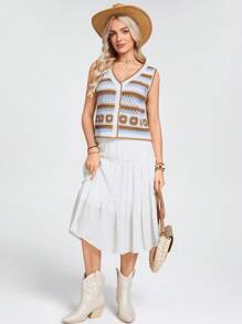 Wildy Atuendo de estilo boho, festival y western para primavera y vacaciones de mujeres, suéter casual de punto de ganchillo colorido