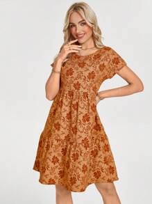 SHEIN LUNE 女士圆领短袖橙色提花浪漫假日迷你连衣裙，春夏 - 橘色 - 查看 6
