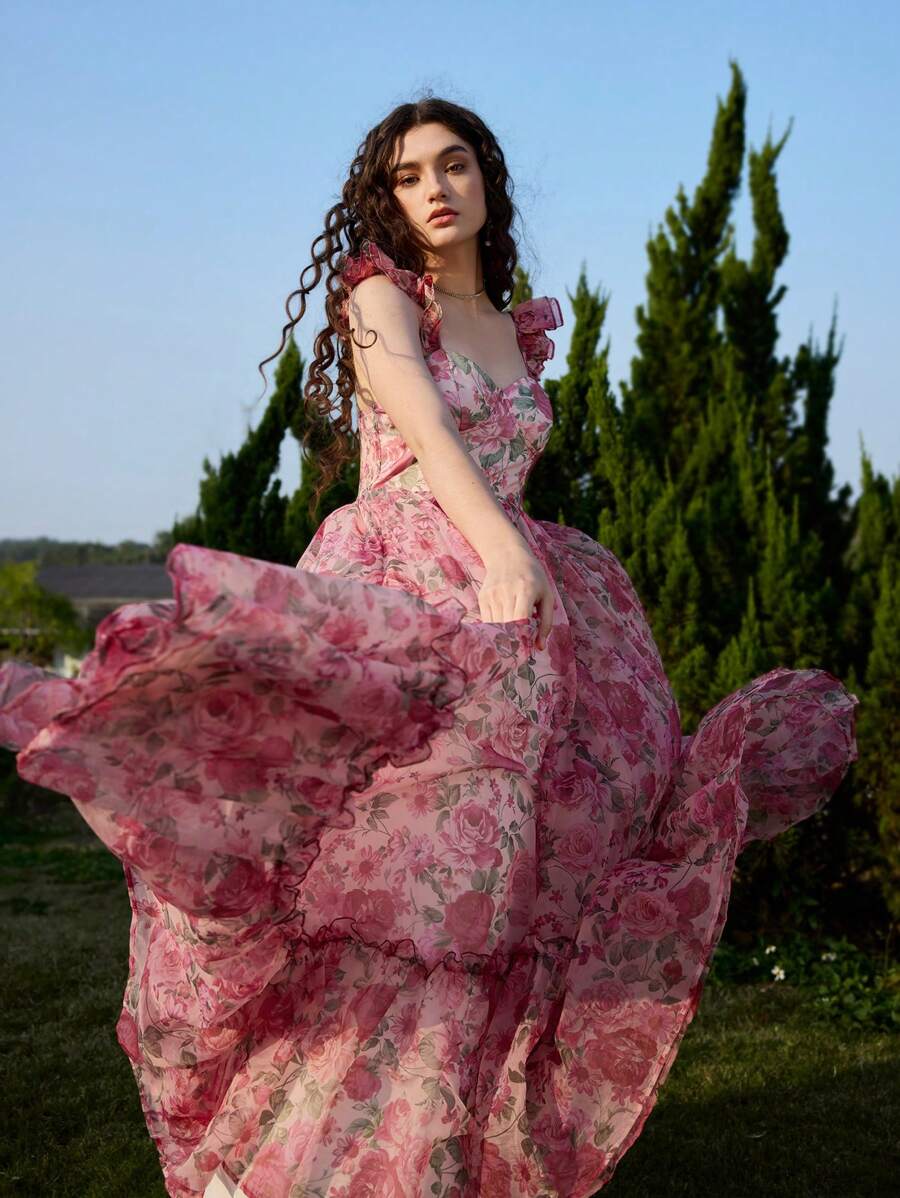 SHEIN MOD 花卉印花盖袖细肩带梦幻浪漫连衣裙，适合约会、情人节、派对、节日、度假