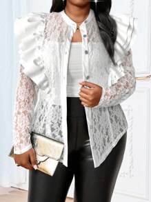 SHEIN Lady Elegante abrigo de mujer con parches de encaje negro y volantes, combinación de PU para primavera, verano, otoño e invierno