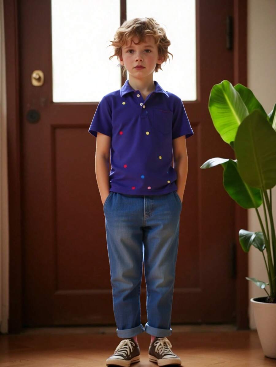 SHEIN 男童波尔卡圆点印花马球领短袖上衣和裤子休闲套装 - 彩色 - 查看 1