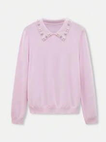 Maija 优雅现代春夏新款粉色垂直仿珍珠装饰领针织毛衣，休闲浪漫假日适合外出、聚会、婚礼、派对、情人节 - 粉色 - 查看 6