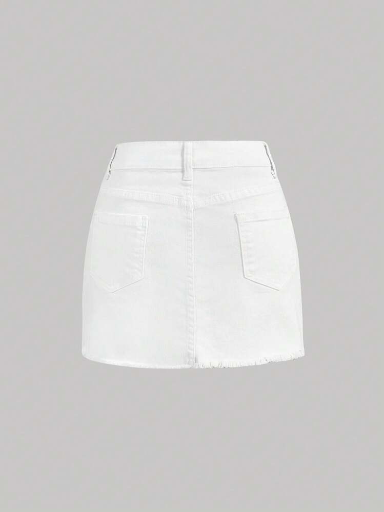 SHEIN MOD Women's Casual Solid Color Ripped Denim Mini Skirt, Summer - White - View 2