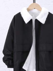 SHEIN Tween Boy Zip Up Teddy Lined Drop Shoulder Jacket - Black - View 4