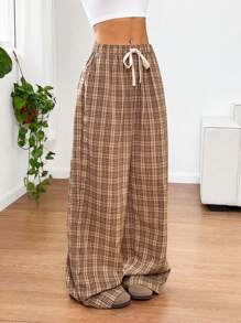 SHEIN EZwear 女式前系带口袋格子休闲阔腿裤，简约设计 - 彩色 - 查看 5