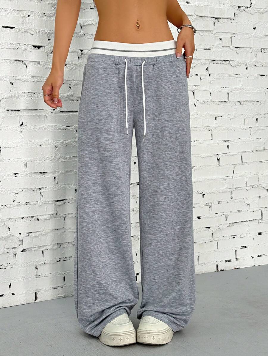 SHEIN EZwear Quần dài thể thao ống rộng phối màu cạp rút cho nữ - Màu Xám nhạt - Xem 1
