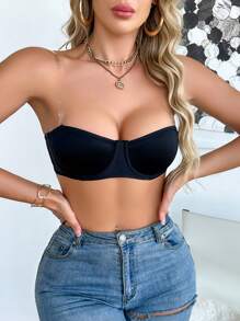 SHEIN 婚礼可拆卸透明肩带性感钢圈薄杯文胸 - 黑色 - 查看 9