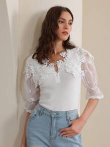 Anewsta 针织水溶性花朵上衣，适合春夏季度假优雅婚礼宾客女士礼服 - 白色 - 查看 4