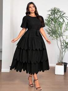 Celure Plus Size Women Puff Sleeve Ruffle Hem Tie-Waist Solid Color Long Dress, Vacation Style, Romantic,Elegant,Wedding Dress