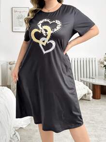 Plus Size Knitted Heart Print Round Neck Short Sleeve Casual Nightgown, Suitable For All Seasons - Black - View 1
