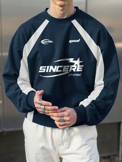 Manfinity Roghcode Men's Casual Letter & Star Print Color Block Raglan Sleeve Pullover Sweatshirt, Spring Autumn