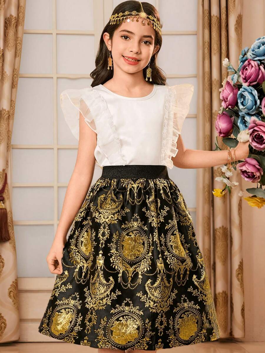 SHEIN Conjunto de 2 Peças para Meninas Tween: Blusa com Babado de Organza Branca e Saia A-Line Jacquard, Adequado para Escola, Passeio, Festa de Casamento, Festa de Aniversário - Multicolorido - Visão 1