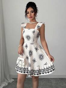 Elenzga Women's Tie Back Waist Ruched Design Printed Mini Sleeve Holiday Casual Commuter Dress