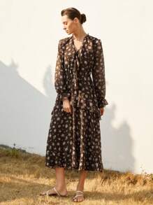 Aveloria Modichic Fashionable Ditsy Floral V-Neck Ruffled Waist Long Sleeve Dress With Elastic Cuffs, Brown Base With Pink Flowers