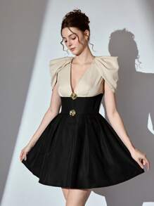 Poshira 女士优雅 V 领派对礼服，简约风格，婚礼宾客礼服，适合休闲日常穿着音乐节春夏，舞会礼服 - 彩色 - 查看 6