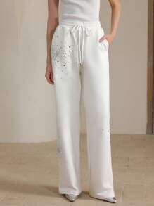 Anewsta 时尚休闲女式长裤，采用水钻设计和收腰设计 - 白色 - 查看 7