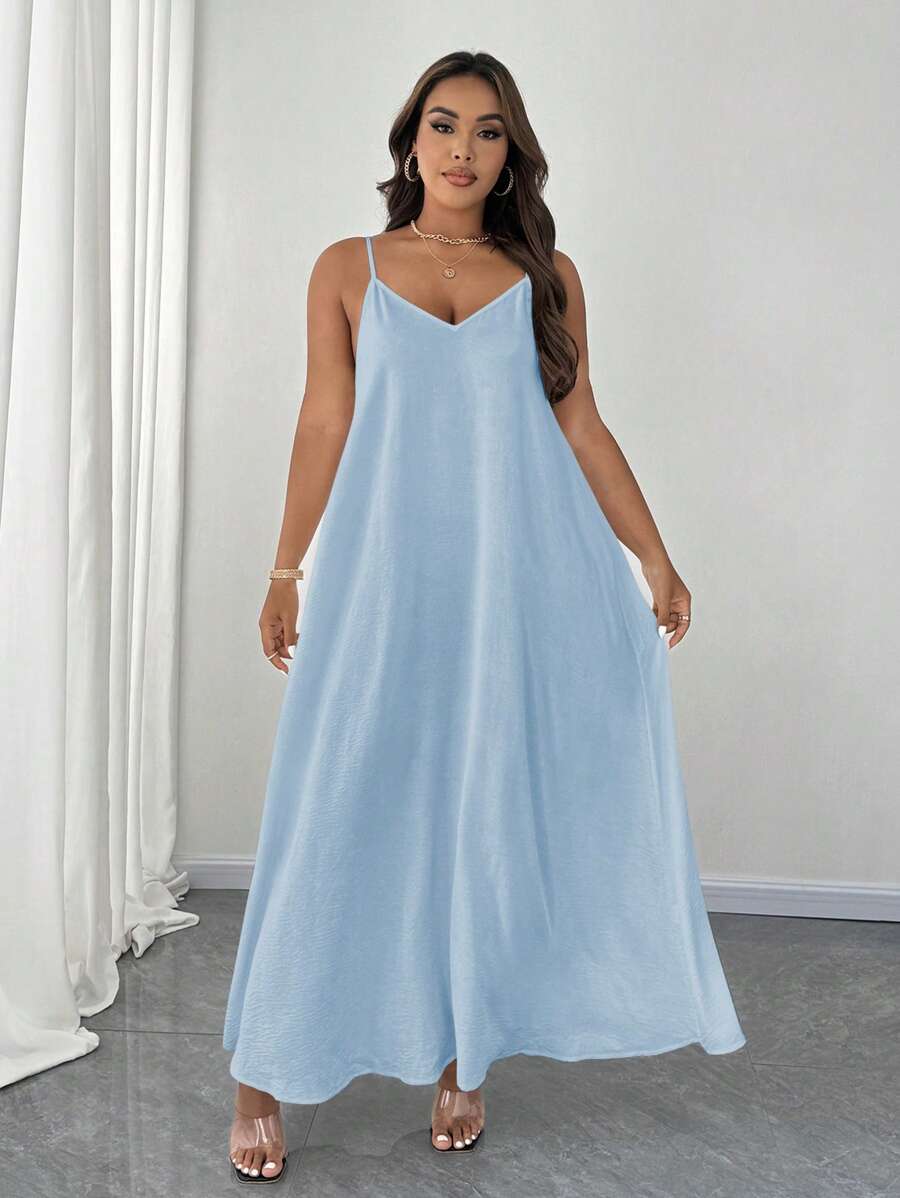 Maweii Plus Size Elegant Solid Color Spaghetti Strap Dress Maxi Women Outfit - Baby Blue - View 1