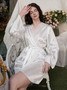 Elegant Golden Embroidered White Robe For Women - White - View 3